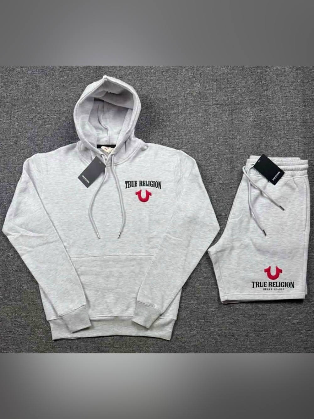 True Religion Light Gray Hoodie and Sweatshorts Set with Red Logo
